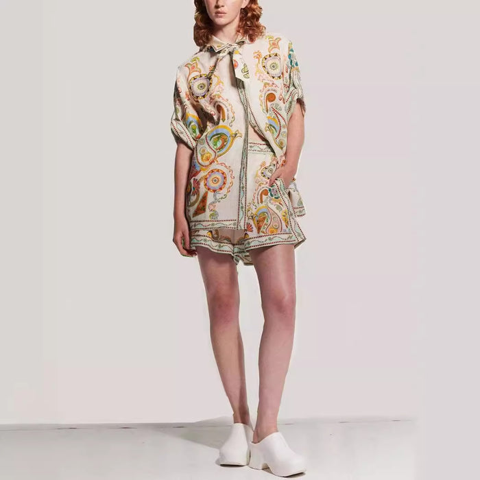 Linen Graffiti Linen Macaron Collared Shorts Suit