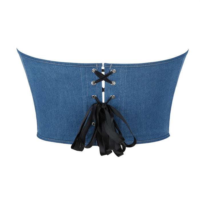 Blue Color Denim Sewing Rose Women Tube Top Breasts Support Push up Court Body Shaping Top