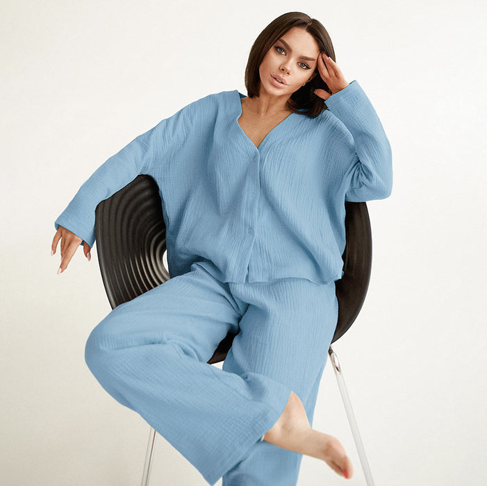 Summer Double Layer Crepe V-neck French Loose Comfortable Long Sleeve Pajamas Women Cotton Linen Homewear Set