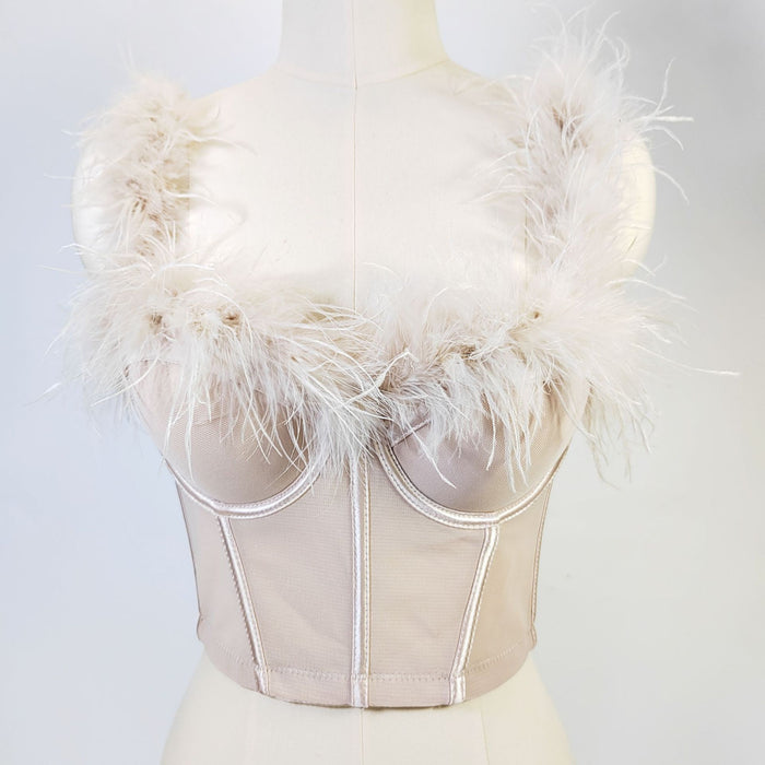 Live Broadcast High Grade Ostrich Fur Super Fairy Boning Corset Tube Top Shaping Drawstring Slim Fit Bare Back Feather Sling