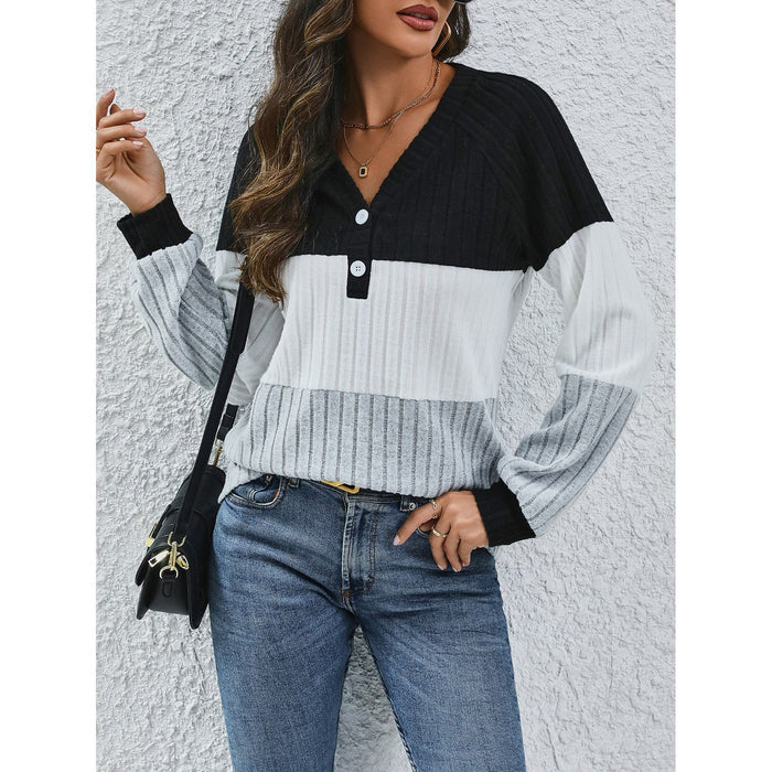 Shirt Women Spring Long Sleeve V Collar Contrast Color Button Top