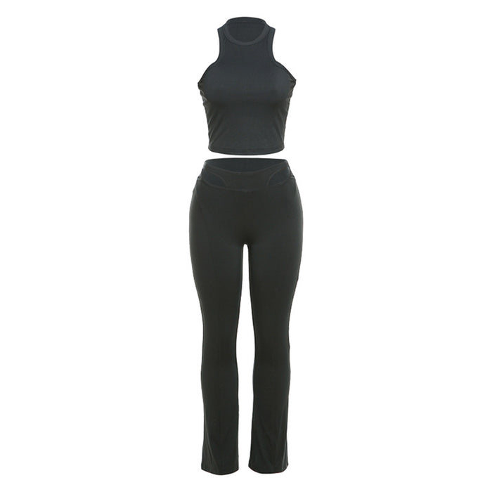 Spring Sexy Cropped Slimming Vest High Waist Hollow Out Cutout out Tight Pants Casual Set