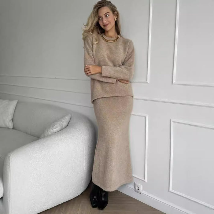 Autumn Winter Elegant Soft Thickened Round Neck Sweater Fishtail Skirt Two Piece Set Women Office Lady Top Skirt Set