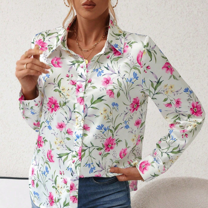 Spring Summer Holiday Floral Digital Printing Long Sleeved Shirt Women Clothing