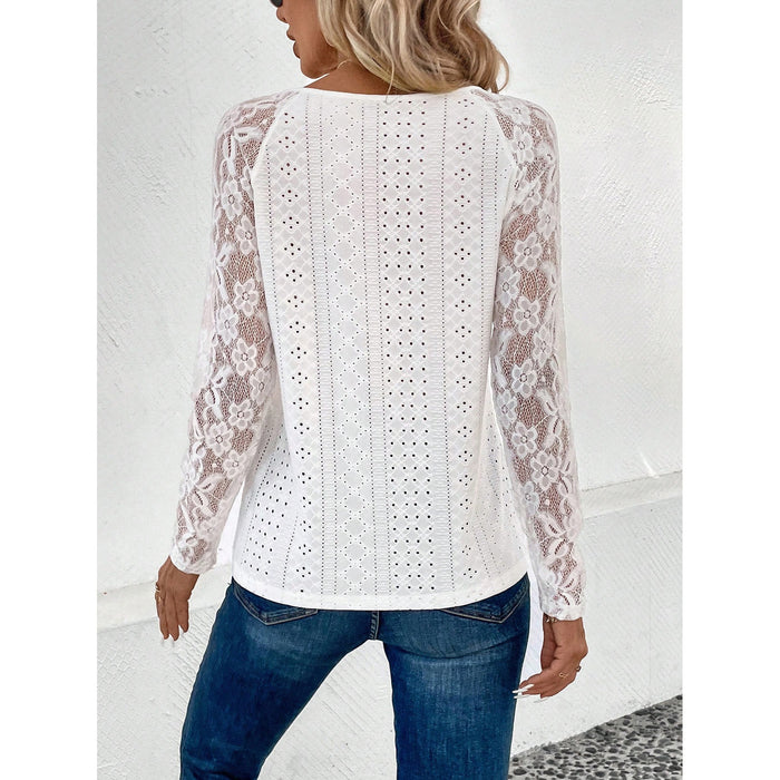 Shirt Women Spring Long Sleeve Lace Stitching Hollow Out Cutout Top