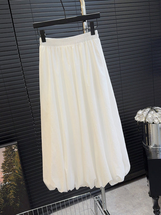 Solid Color Puffy Elastic Waist High Waist Skirt Women Summer Slimming Mid Length Pocket A line Skirt