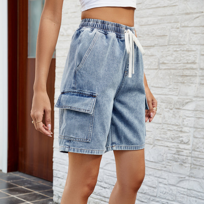 Women Clothing Spring Summer Washed Tied Elastic Waist Five Point Denim Shorts