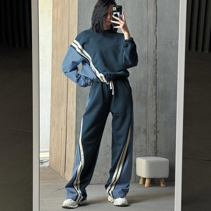 Autumn Winter Sports Contrast Color Striped Sweater Sets Pullover Top Drawstring Trousers Two Piece Set