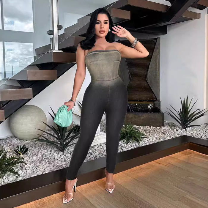 Women Clothing Sexy Tube Top Gradient Tight Stretch Denim Jumpsuit