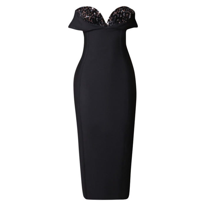 Fashionable Sequ Bandage Dress Sexy Tube Top V neck Tassel Diamond Party Cocktail Formal Dress