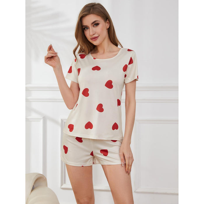 Pajamas Women Summer Cute Sweet Loving Heart Printed Short Sleeved Shorts Home Wear Two Piece Set