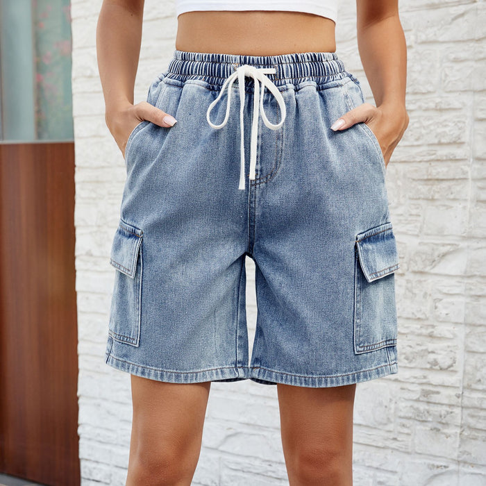 Women Clothing Spring Summer Washed Tied Elastic Waist Five Point Denim Shorts