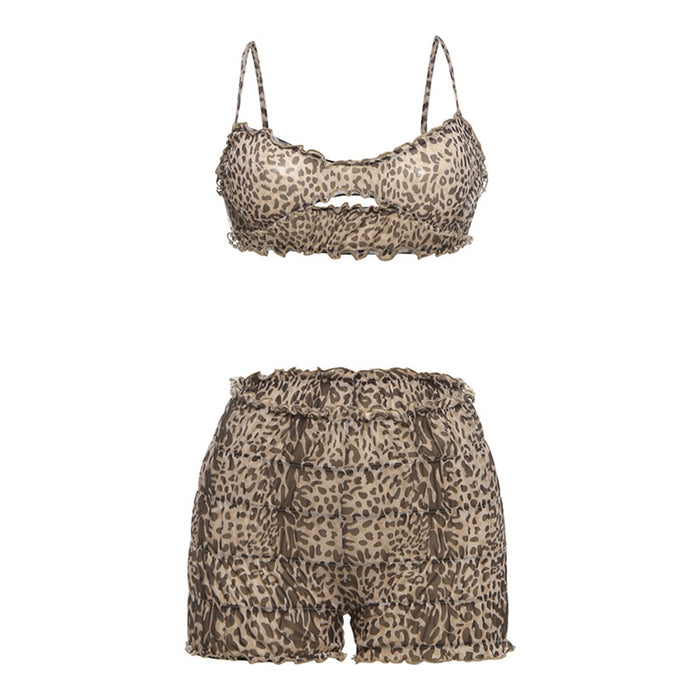 Women Clothing Summer Sexy Leopard Print Lace Halter Top Sexy Tiered Dress Shorts Suit Women