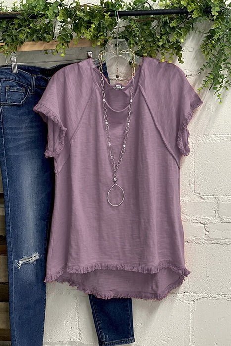 Ladies Top Solid Color Cotton Tassel Design Short Sleeve Round Neck T shirt