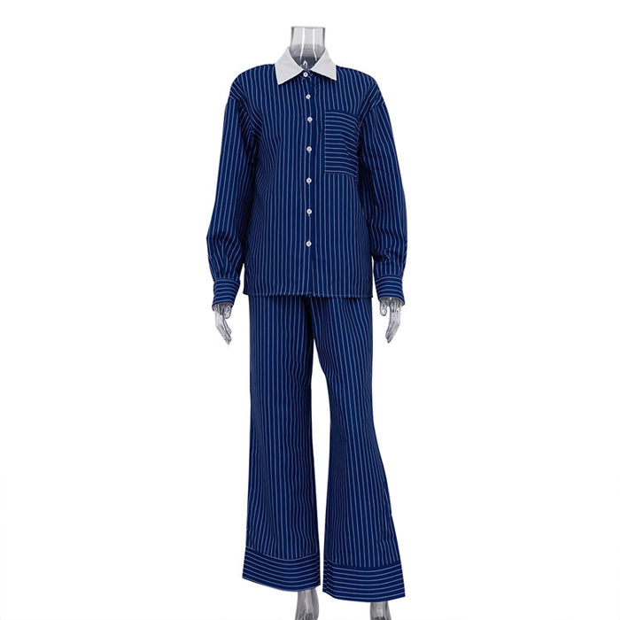 French Blue Striped Casual Suit Spring Autumn Niche Black White Contrast Color Lapels Two Piece Set Women