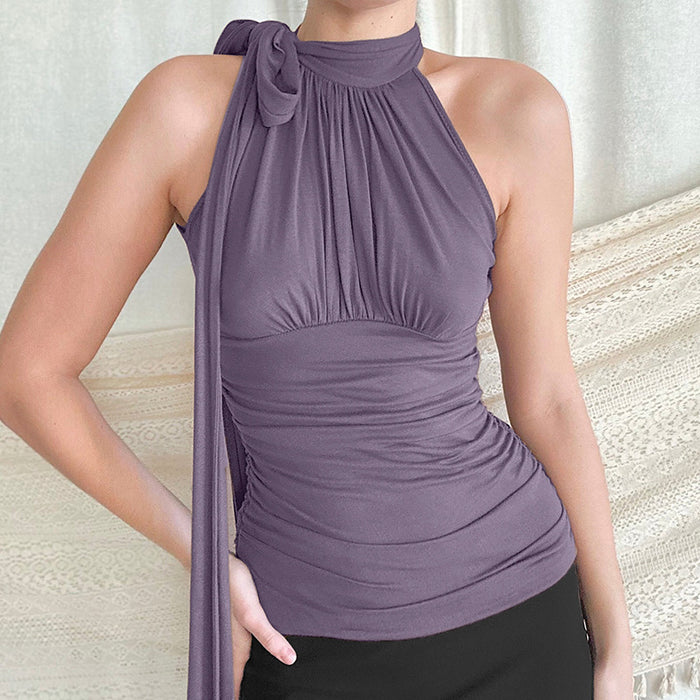 French Elegant Scarf Peplum Top Solid Color Pleated Sleeveless Vest Women Summer