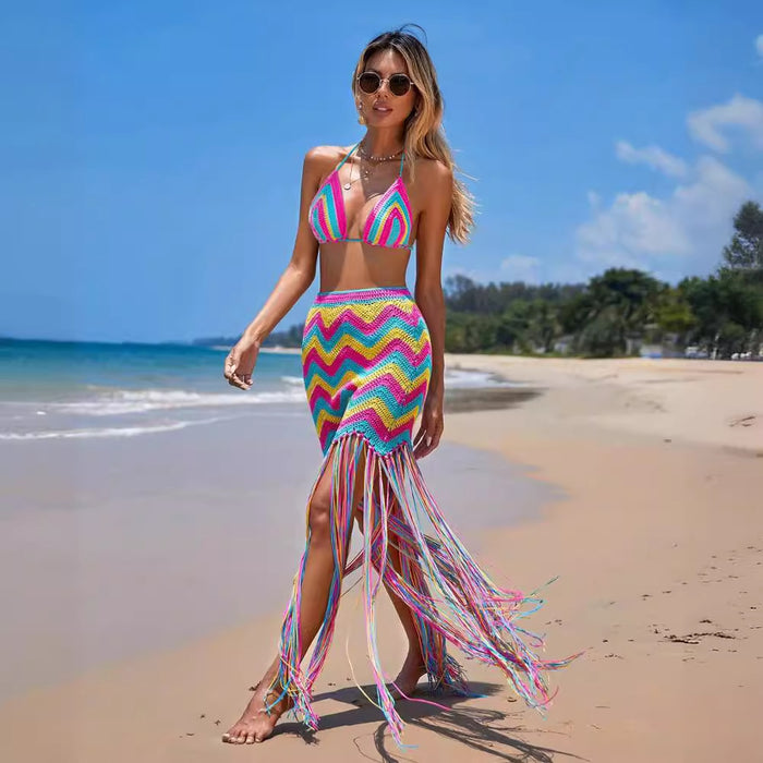 Women Clothing Sexy Hand Crocheted Wavy Tassel Beach Cover Up Skirt Set