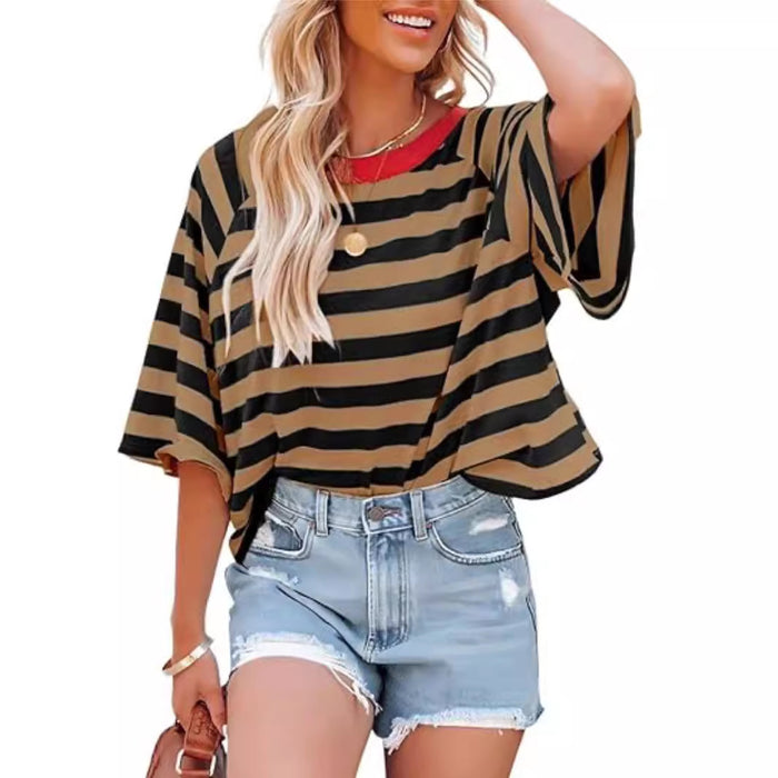 Women Summer Striped T shirt Short Sleeve Color Matching Design Loose Basic T shirt Top