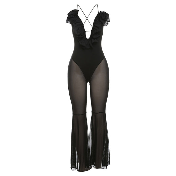 Spring Summer Sexy Sexy Mesh Stitching See Through Design Horn Jumpsuit Women