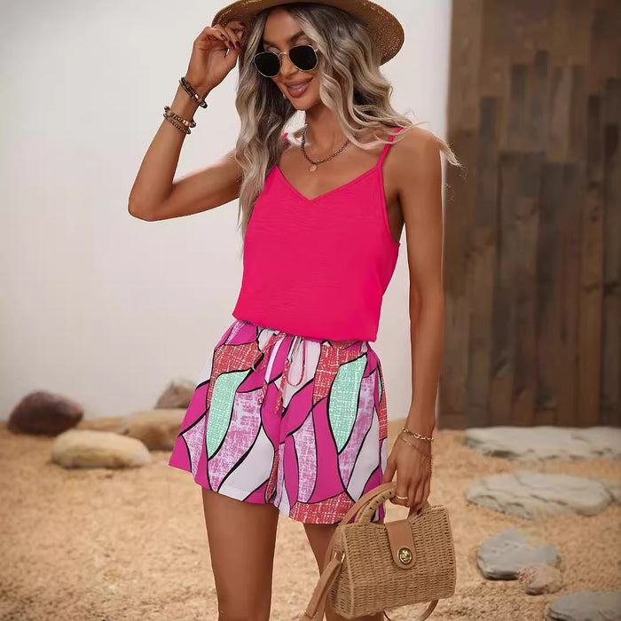 Women Casual Solid Color Sling Top Geometric Abstract Print Shorts Sets