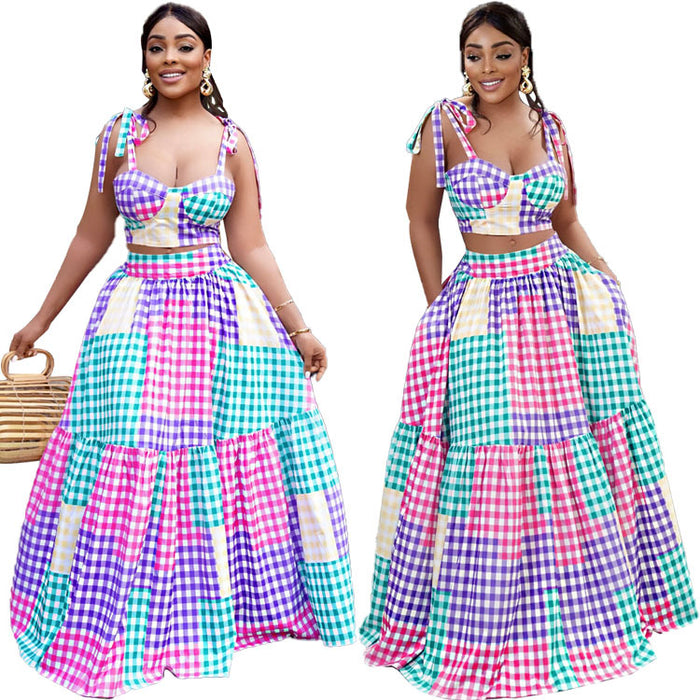 Women Clothing Summer Gradient Plaid Dress Two-Piece Set