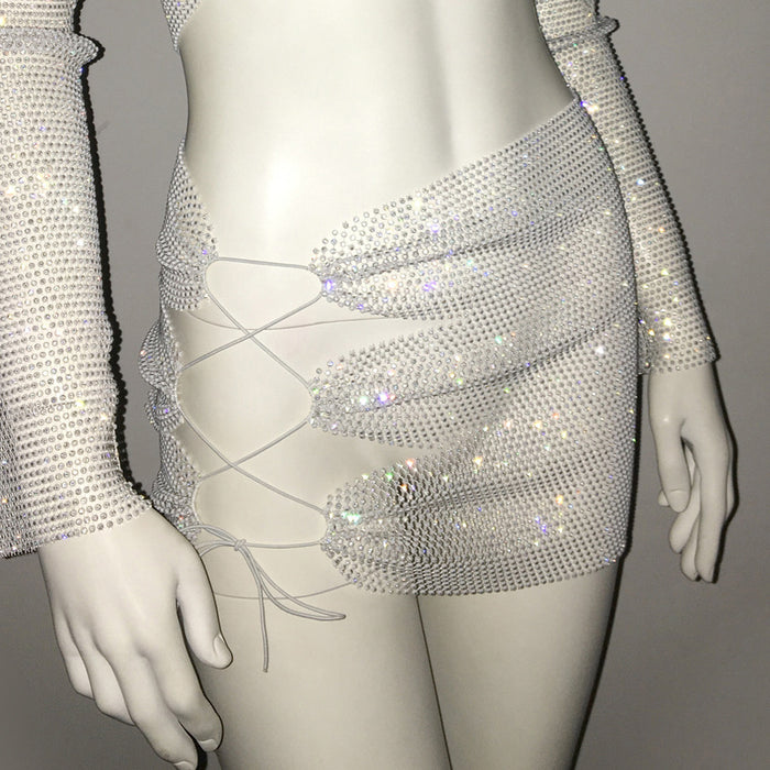 Sexy See through Mesh Rhinestone Fishnet Tube Top Skirt Sexy Set