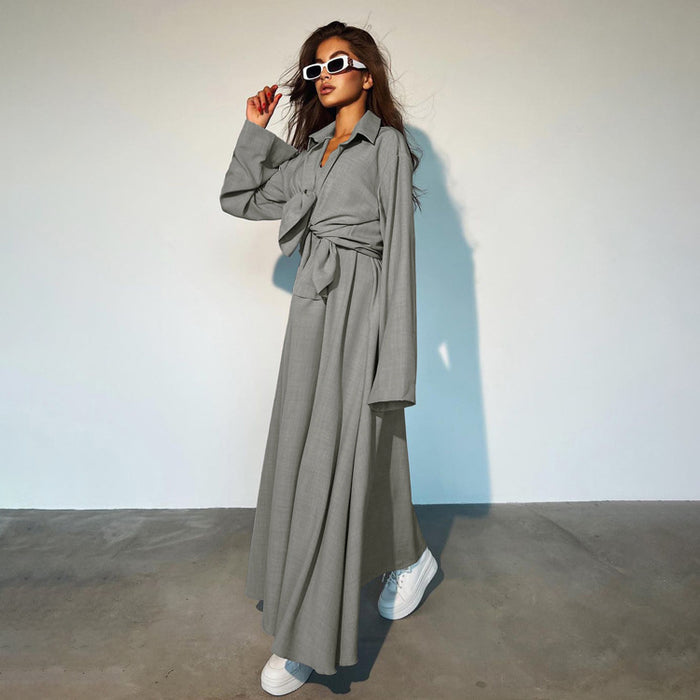 Women Clothing Loose Fitting Long Sleeves Shirt Vest Maxi Dress Two Piece Shirt Skirt Set