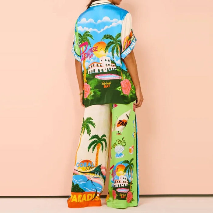 Summer Women Clothing Multicolor Printing Elastic Waist with Pocket Wide Leg Pants Casual Set