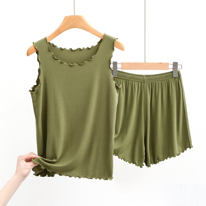 Wooden Ear Vest Shorts Set Loungewear Suit Summer Thread Cotton Breathable Strap Women Two Piece Set