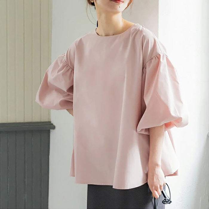 Summer Loose Large Women Shirt Cotton Oversized Lantern Sleeve Round Neck Top