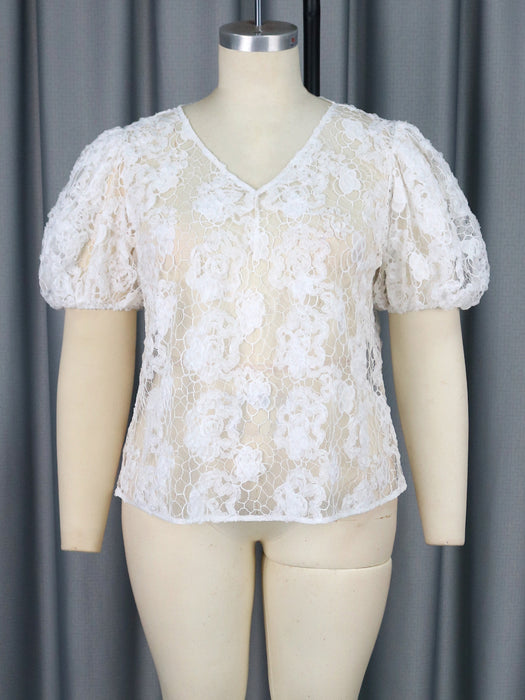 Spring Autumn All Match Lace Blouse Sexy V Neck Lantern Sleeve White Upper Garment Tops