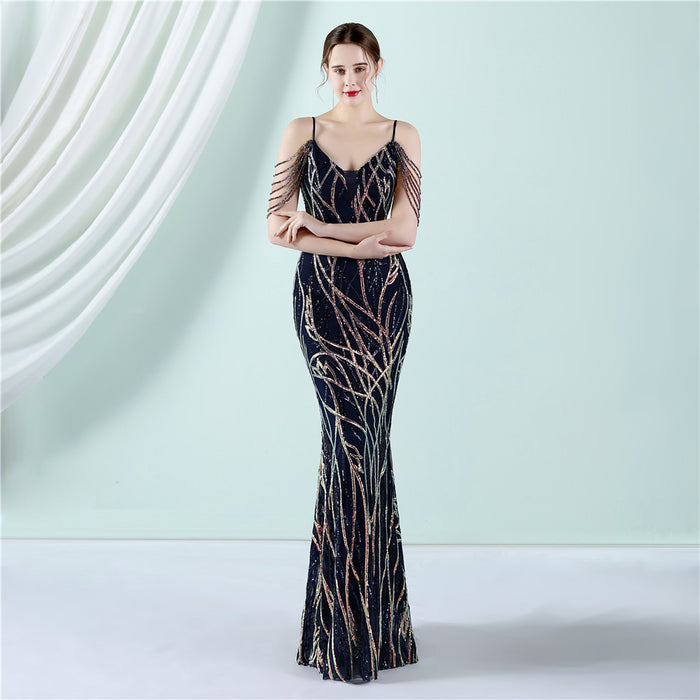 Sling Sequin Toast Dress Bride Long Appreciation Dinner Slim-Fit Fishtail Wedding Car Model Exhibition Dress