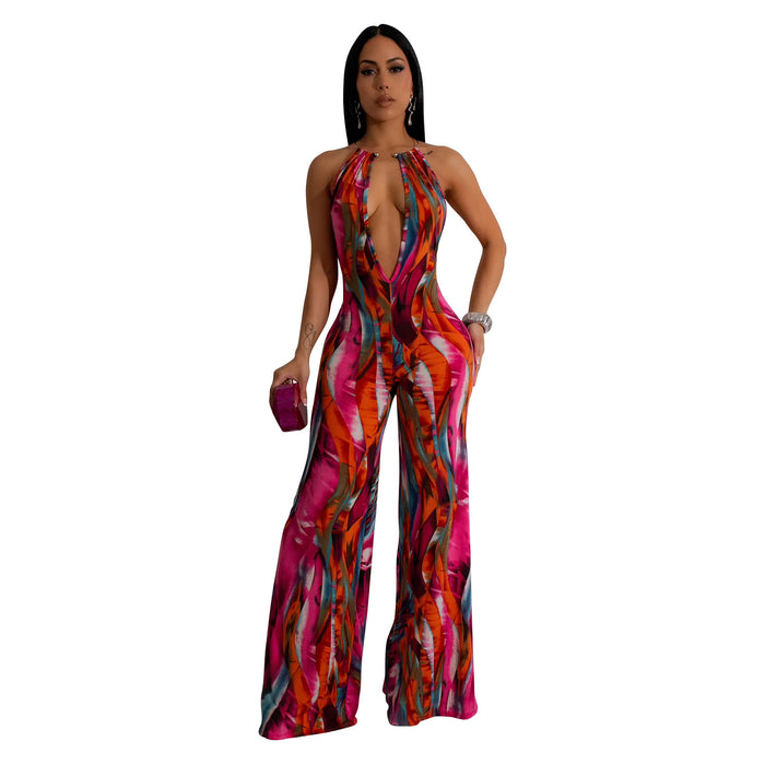 Women Wear Print Sleeveless Deep V Plunge Color Block Backless Long Conjoined Trousers