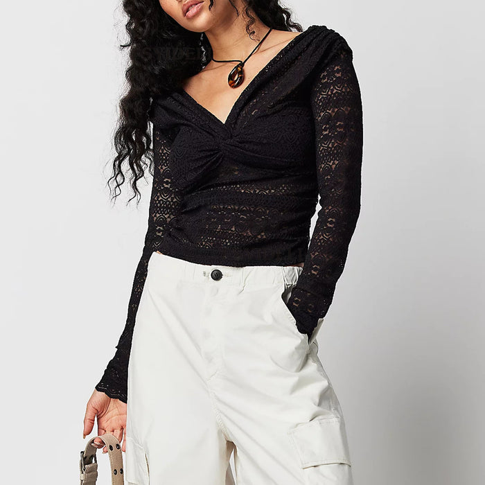 Sexy off the Shoulder Lace T shirt Top Women Knot Cross Irregular Asymmetric Long Sleeve Top