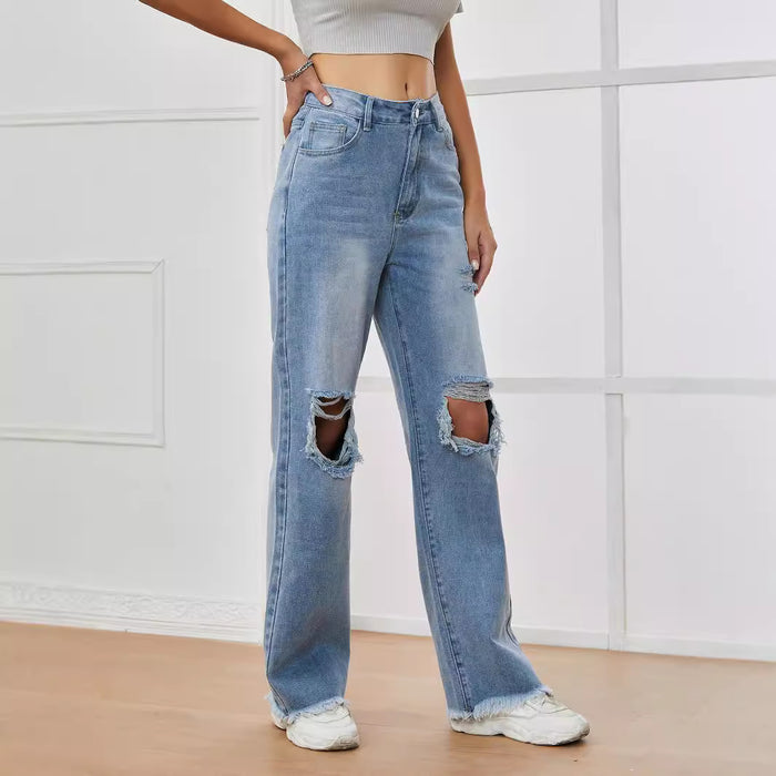 Women Clothing Jeans High Waist Ripped Raw Hem Wide Legs Denim Trousers