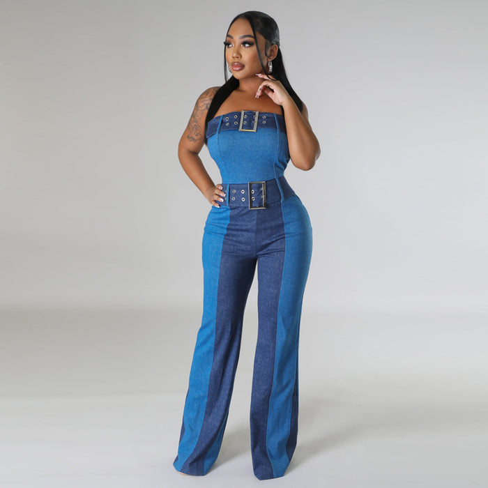 Women Clothing Patchwork Tube Top Lace Up Waist Controlled Imitation Denim Jumpsuit