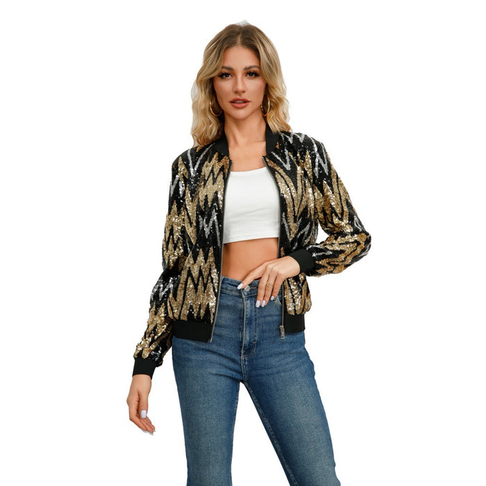 Long Sleeve Spring Autumn Outerwear Top Women Clothing Sequined Jacket Coat