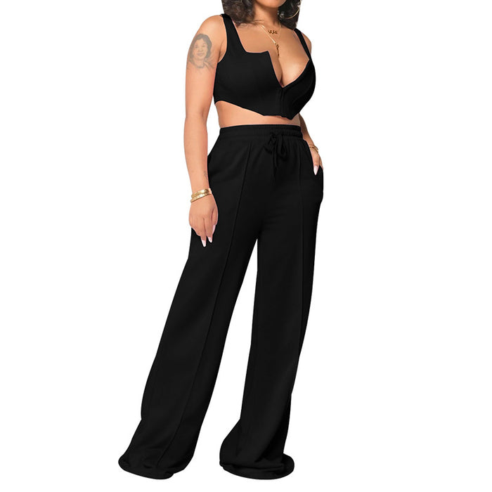 Women Clothing Solid Color Sexy Top Loose Mop Wide Leg Pants Two Piece Set