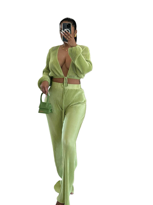 Women Clothing Comfort Casual Sexy Draped Pleated Wide Leg Pants Suit