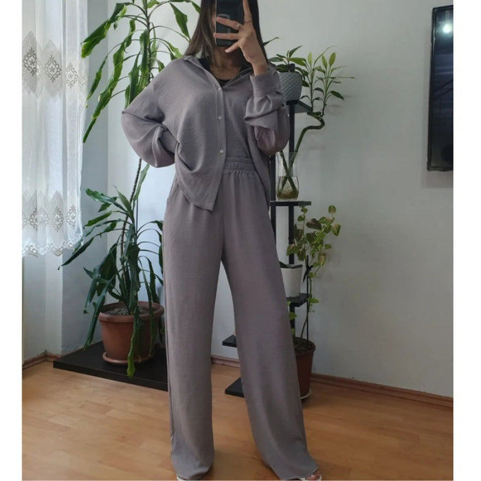 Women Clothing Solid Color Loose Top Casual Wide Leg Pants Women Two Piece Suit