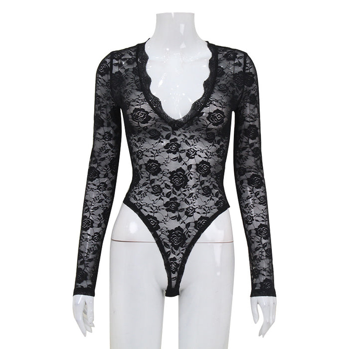 Women Clothing Sexy Lace See through Long Sleeve Tight Sexy Lace Sexy Jumpsuit Top