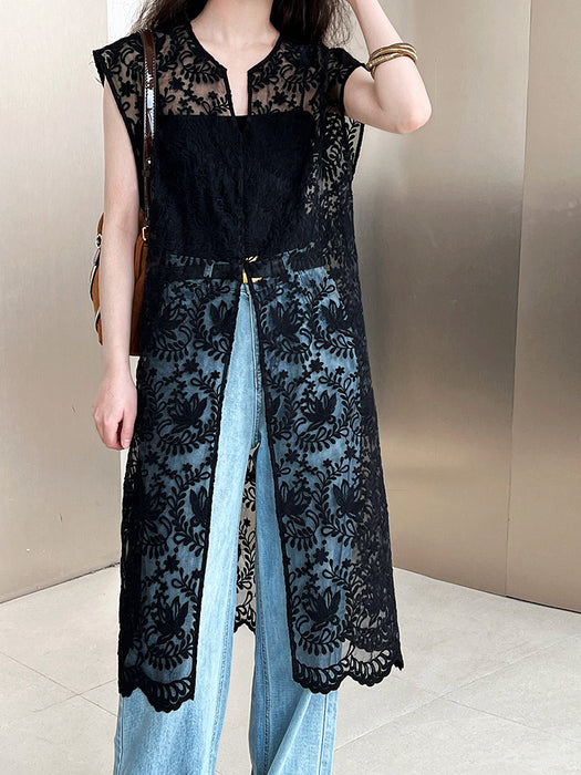 Embroidered Jacquard Cutout Blouse Vest Dress Sexy Mid Length Sleeveless Dress