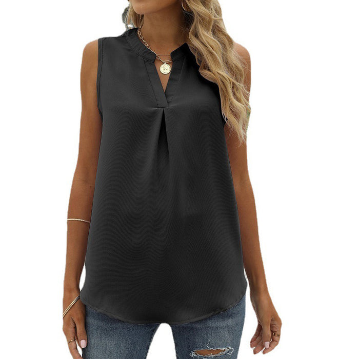 Women Clothing Spring Summer Solid Color Chiffon Shirt Loose V neck Pullover Sleeveless Top Vest