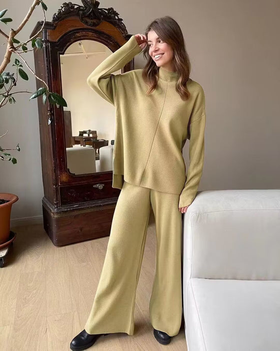 Autumn Winter Russian Long Sleeve Loose Casual Sweater Knitted Top Trousers Suit