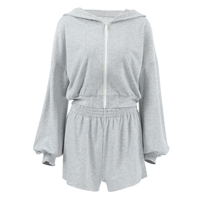 Fall Hooded Long Sleeve High Waist Loose Shorts Two Piece Set All Matching Casual Sports Gray Women