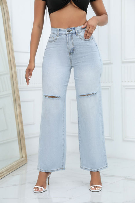 Popular Jeans Blue Classic Ripped Wash Straight Leg Denim Trousers