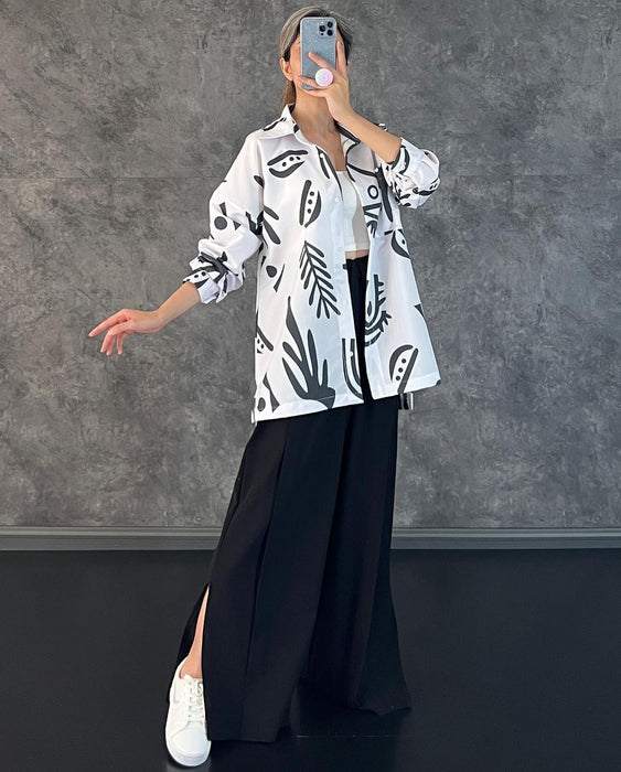 Women Clothing Casual Long Sleeve Printed Shirt High Waist Slit Wide Leg Pants Set