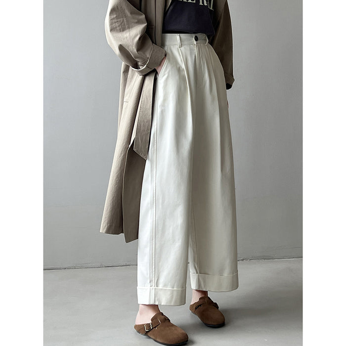 High Waist Wide Leg Casual Pants Women Autumn Tencel Cotton Loose Straight Leg Edged Pants