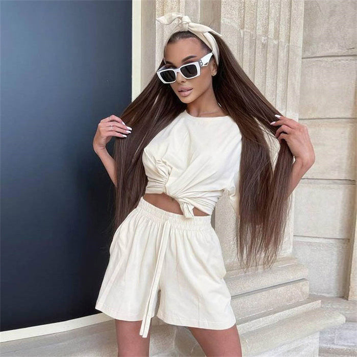 Summer Set Round Neck Short Sleeve T shirt Short Sweatpants Sports Casual Two Piece Set Women Wear With Headscarf