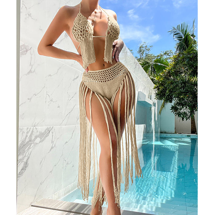 Beach Tourism Hand Crocheting Three Dimensional Floral Tassel Beach Sexy Open Back Swimsuit Bikini Set